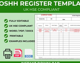 COSHH Register Template | Chemical Safety Log for Small Business | Editable Word Document | Instant Download