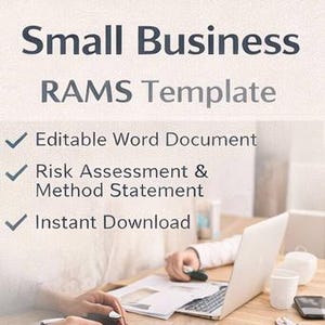 May include: Image of a workspace with a laptop, documents, and a tablet. Text reads "Small Business RAMS Template" with options for an editable Word document, instant download, and risk assessment. The TemplateBaseCo. logo is at the bottom.