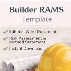 May include: Image of a yellow hard hat, blueprints, and a pen, with the text "Builder RAMS Template." Includes icons for an editable Word document, instant download, and use anytime. The TemplateBaseCo. logo is at the bottom.
