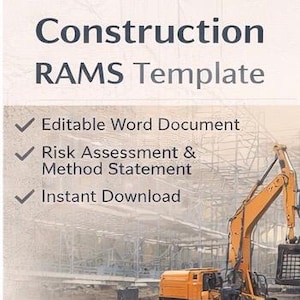 May include: A digital template titled "Construction RAMS Template" featuring an orange excavator on a construction site. The template includes an editable Word document, risk assessment, and instant download. The image also includes the TemplateBaseCo. logo.