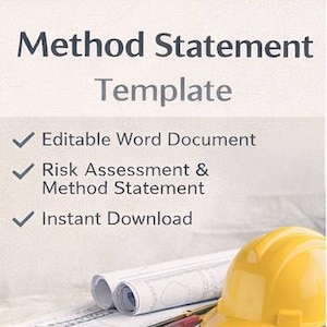 May include: A promotional image for a Method Statement Template. The image features a yellow hard hat, blueprints, and writing utensils. Text includes "Editable Word Document", "Risk Assessment & Method Statement", and "Instant Download". The TemplateBaseCo. logo is also visible.