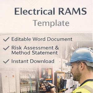 May include: An electrical RAMS template with a worker in a hard hat using a device on electrical wiring. The image includes text that says "Editable Word Document", "Risk Assessment & Method Statement", and "Instant Download".