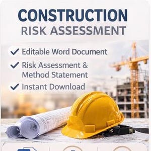 May include: A digital document titled "CONSTRUCTION RISK ASSESSMENT" with a yellow hard hat, rolled blueprints, and a construction site background. Includes icons for editable Word document, instant download, and use & reuse.