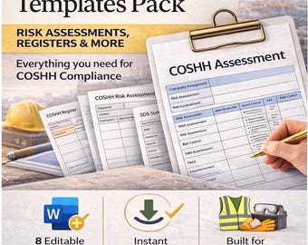 COSHH Templates Pack | Risk Assessment, Register, SDS, PPE (Digital Download)