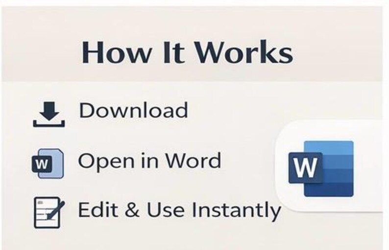 May include: Image showing the text "How It Works" and three steps: Download, Open in Word, and Edit & Use Instantly. A blue and white Word icon is in the lower right corner. The background is a light beige colour.