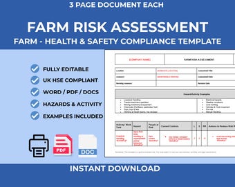 Farm Risk Assessment Template UK | Agricultural Safety | HSE Compliant | Farming Health & Safety (Instant Download)