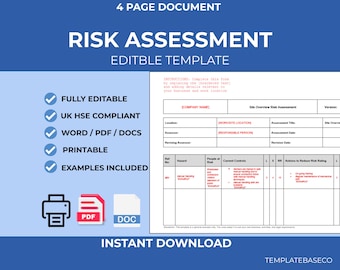 Risk Assessment Template | Editable Word Safety Document | Workplace Health & Safety Form | Instant Download