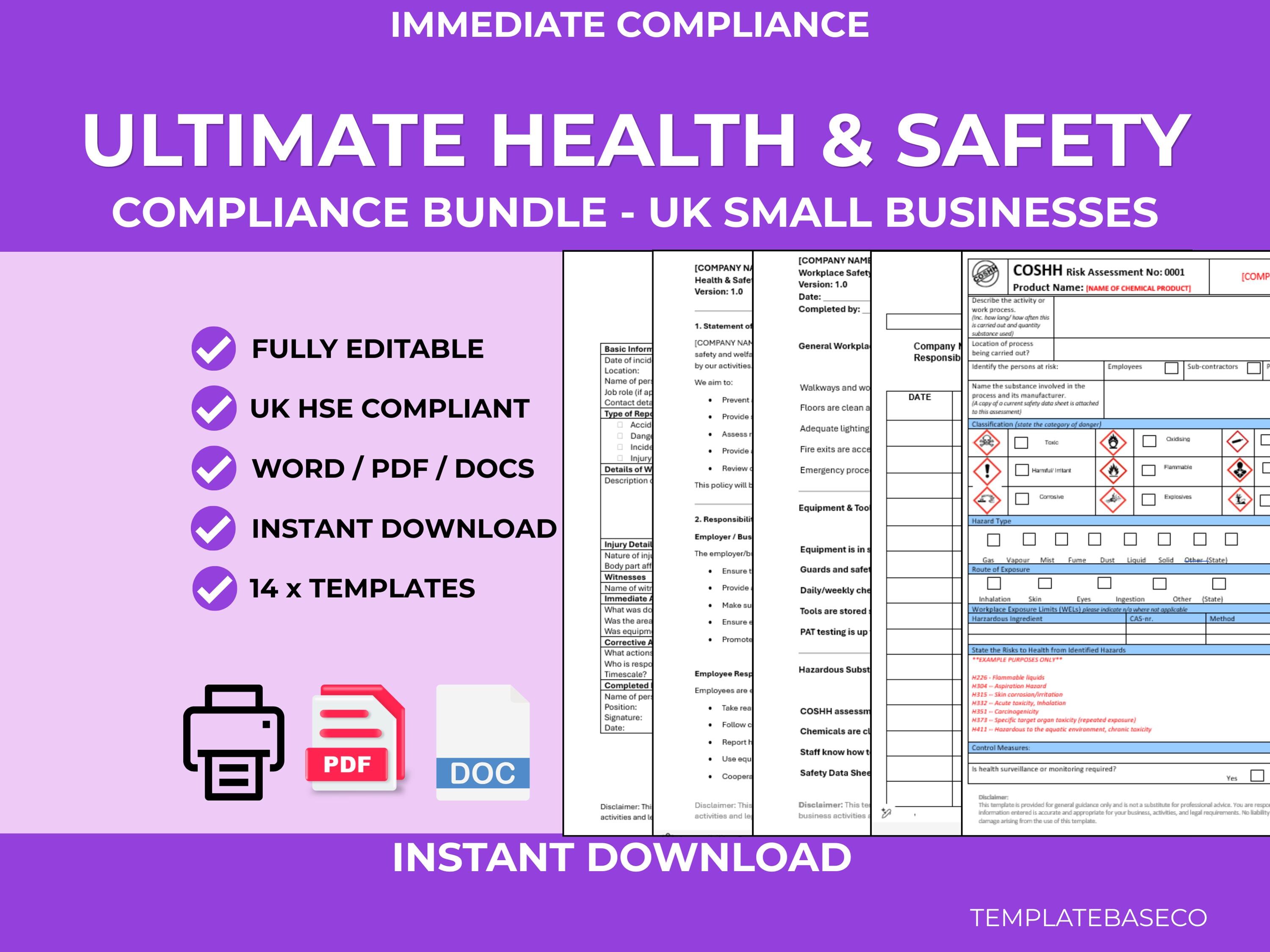 UK Health & Safety Compliance Pack | RAMS, Risk Assessment, COSHH (word ...
