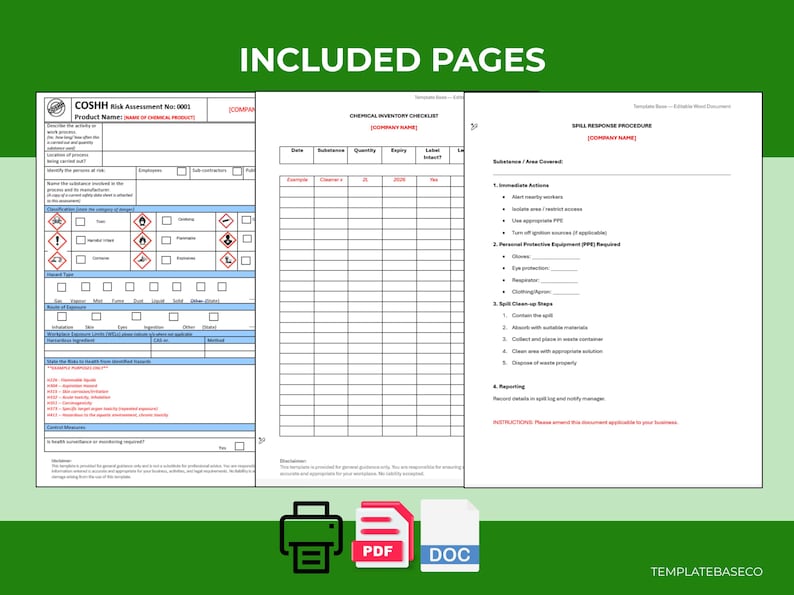 Printable Cosh Register Form.pdf COSHH Templates Pack | Risk Assessment, Register, SDS, PPE (digital ...