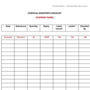 Cosh Inventory COSHH Chemical Inventory Checklist | UK Business Compliance (editable ...