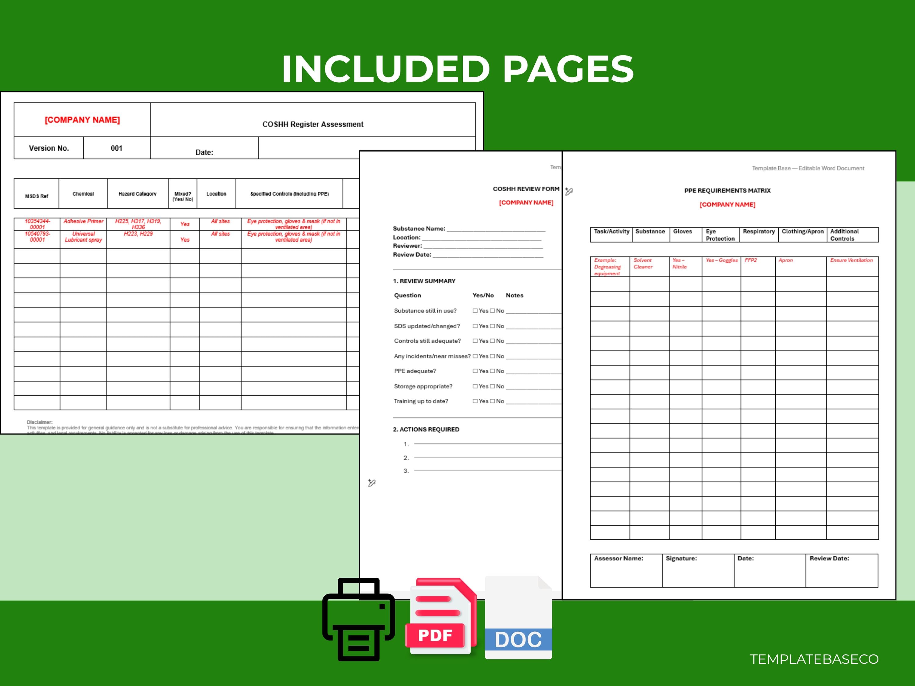 Printable Cosh Register Form.pdf COSHH Templates Pack | Risk Assessment, Register, SDS, PPE (digital ...