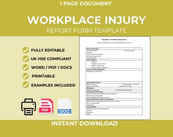 Workplace Injury Report Form | Accident Log Template | Health & Safety Form