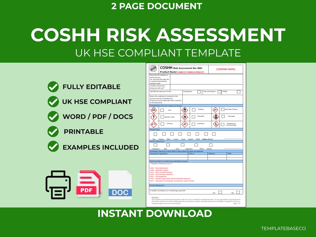 COSHH Risk Assessment Template | Chemical Safety Form (word Document ...