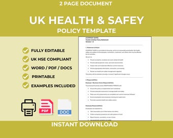 UK Health & Safety Policy Template | Editable Word Document (Digital Download)