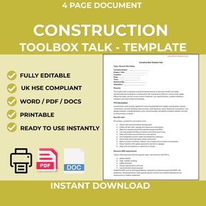 May include: A construction toolbox talk template document with the title "CONSTRUCTION TOOLBOX TALK - TEMPLATE" in large, bold, yellow letters. The document includes sections for general site safety, key site rules, and minimum PPE requirements. It is fully editable, UK HSE compliant, printable, and ready to use instantly.