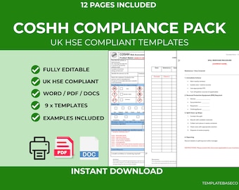 COSHH Templates Pack | Risk Assessment, Register, SDS, PPE (Digital Download)