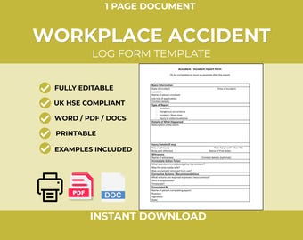 Workplace Accident Log Template | Incident Tracking Form | Safety Record Log | Word Download