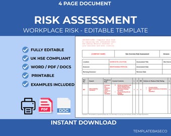 Workplace Risk Assessment | Editable Word Safety Document | Health & Safety Form | Instant Download
