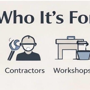 May include: An infographic with the text "Who It's For" and illustrations. The illustrations include a shop, a person with a wrench, a workbench, and another workbench. The text below the illustrations reads "Small Businesses", "Contractors", "Workshops", and "Facilities".
