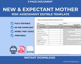 New & Expectant Mother Risk Assessment Template UK | Pregnant Employee Workplace Assessment | Editable Word Document