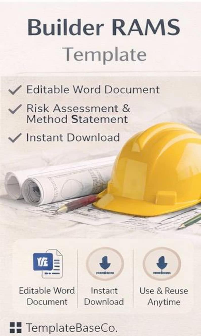 May include: A yellow hard hat, blueprints, and a pen are featured in this image, with the text "Builder RAMS Template." Icons indicate an editable Word document, instant download, and unlimited use. The TemplateBaseCo. logo is visible.