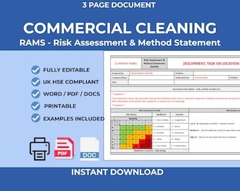 Commercial Cleaning RAMS Template | Editable Word Document | Risk Assessment & Method Statement (Instant Download)