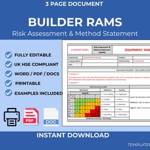 Builder RAMS Template | Method Statement | Editable document | Health Safety Template