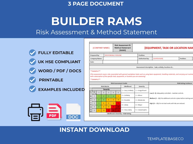 Modello RAMS del costruttore / Dichiarazione di metodo / Documento modificabile / Modello di sicurezza sanitaria immagine 1