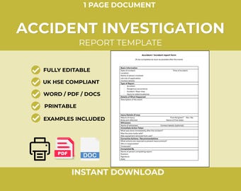 Accident Investigation Report | Incident H&S Form | Safety Template | Instant Word Download