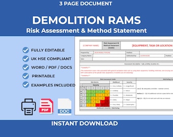 Demolition RAMS Template | Editable Word Doc | Risk Assessment & Method Statement (Instant Download)