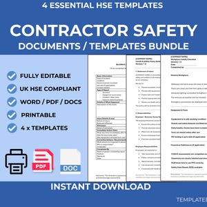 Pode incluir: Gráfico azul e branco promovendo um Pacote de Documentos/Modelos de Segurança para Contratados. A imagem inclui o texto "4 Modelos Essenciais de HSE" e "Download Instantâneo". Recursos incluem totalmente editável, compatível com UK HSE, Word/PDF/Docs, imprimível e 4 modelos.
