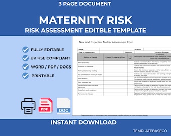 Maternity Risk Assessment Template UK | Workplace Compliance Form | Pregnant Employee Safety Document | Instant Download