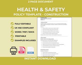 Construction Health & Safety Policy Template | Editable Word Document (Digital Download)