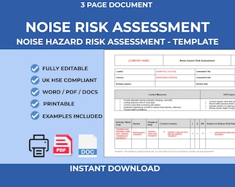 UK Noise Risk Assessment Template | Workplace Safety Compliance (Instant Download)