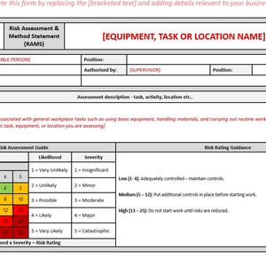 May include: A risk assessment form in white and red, featuring a risk matrix and sections for company details and equipment. The form is designed to assess and manage workplace risks, with a version number of 1.