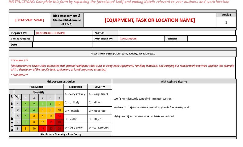 May include: A risk assessment form in white and red, featuring a risk matrix and sections for company details and equipment. The form is designed to assess and manage workplace risks, with a version number of 1.