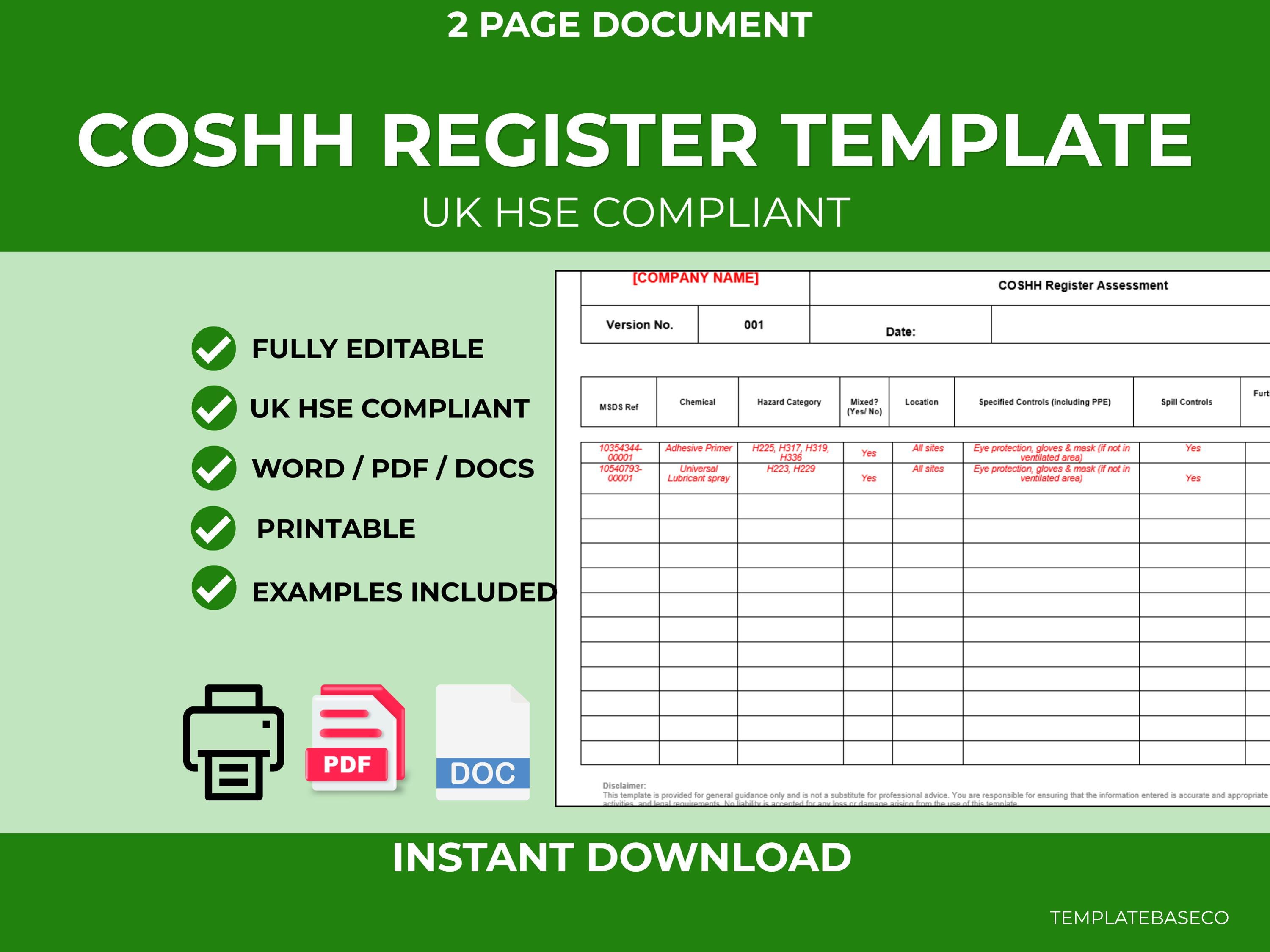 Printable Cosh Register Form.pdf COSHH Register Template | Chemical Safety Log for Small Business ...