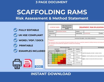 Scaffolding RAMS Template | Editable Word Doc | Risk Assessment & Method Statement (Instant Download)