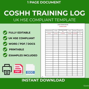COSHH Training Record Template | Employee Training Log | Health & Safety Compliance | Editable Word Document