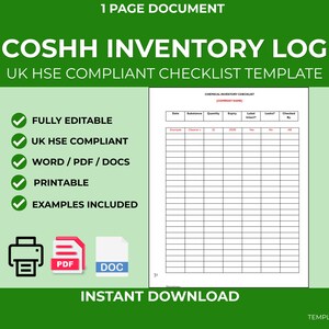 Lista de verificación del inventario de sustancias químicas COSHH / Cumplimiento empresarial en el Reino Unido (documento Word editable)