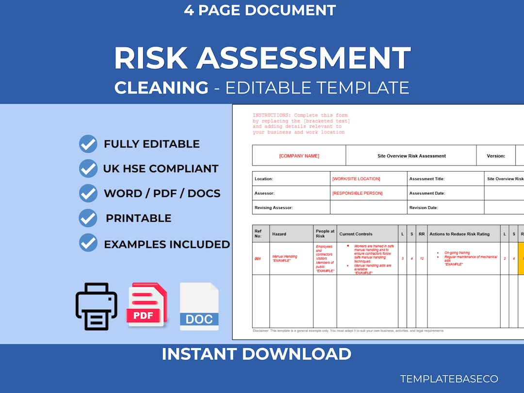 Cleaning Risk Assessment Template | Editable Word Safety Document ...