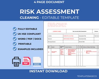Cleaning Risk Assessment Template | Editable Word Safety Document | Workplace Health & Safety Form | Instant Download