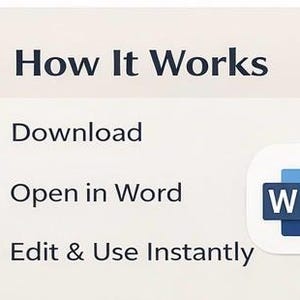 May include: Image showing the text "How It Works" and three steps: Download, Open in Word, and Edit & Use Instantly. A blue and white Word icon is in the lower right corner. The background is a light beige colour.