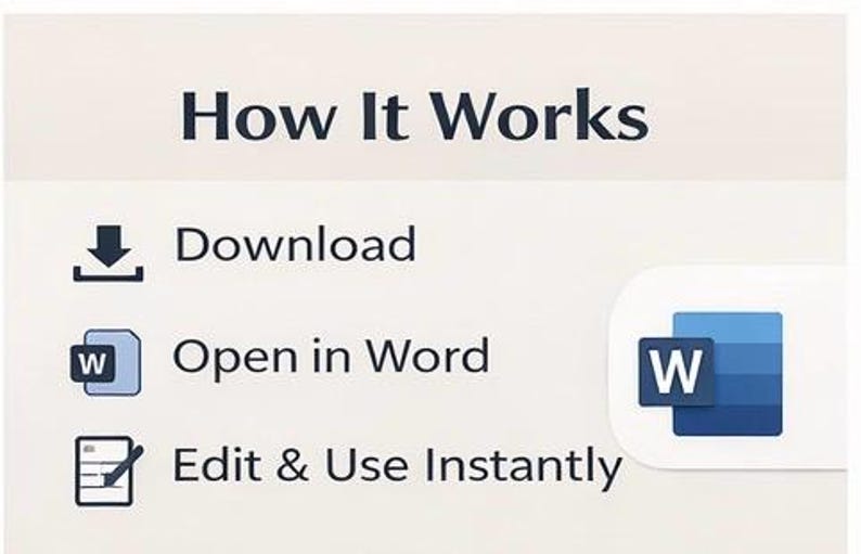 May include: Image showing the text "How It Works" and three steps: Download, Open in Word, and Edit & Use Instantly. A blue and white Word icon is in the lower right corner. The background is a light beige colour.