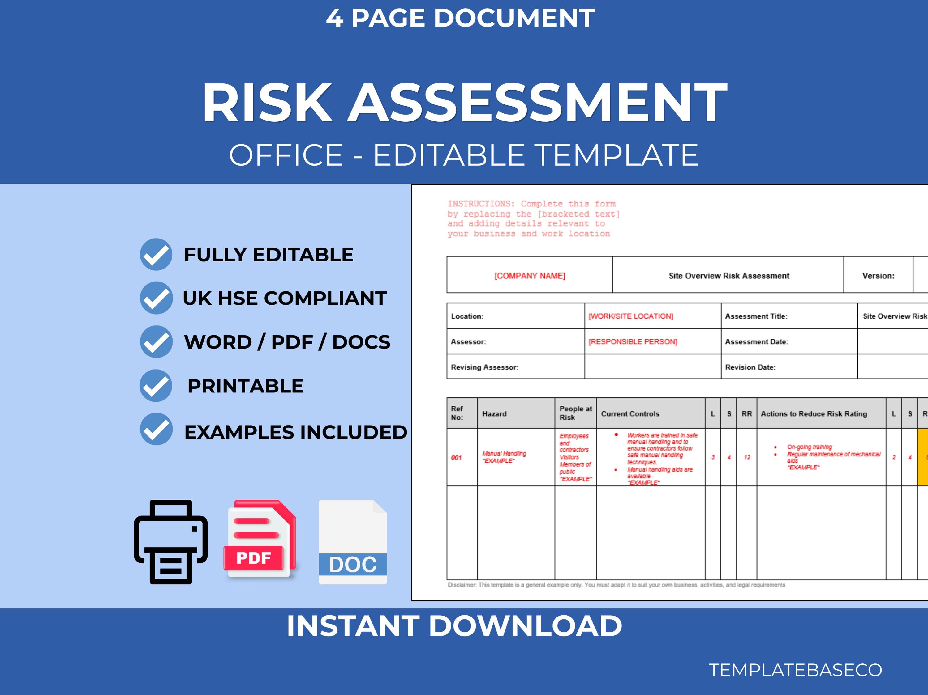 Office Risk Assessment | Editable Word Safety Document | Workplace ...