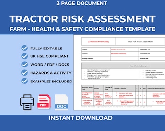 Tractor Risk Assessment Template UK | Farm Machinery Safety | Agricultural | HSE Compliant (Instant Download)