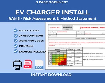 EV Charger Install RAMS Template | Editable Word Doc | Risk Assessment & Method Statement (Instant Download)