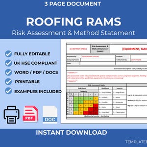 Roofing RAMS Template | Method Statement | Editable Document | Health Safety Template