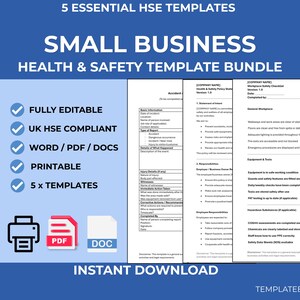 Puede incluir: Gráfico azul y blanco que promociona un paquete de plantillas de salud y seguridad para pequeñas empresas. La imagen incluye el texto "5 plantillas HSE esenciales" y "Paquete de plantillas de salud y seguridad para pequeñas empresas". Incluye "Totalmente editable" y "Imprimible".