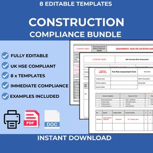 Pode incluir: Gráfico azul com o texto "CONSTRUCTION COMPLIANCE BUNDLE" e as palavras "FULLY EDITABLE", "UK HSE COMPLIANT", "8 x TEMPLATES", "IMMEDIATE COMPLIANCE" e "EXAMPLES INCLUDED". Inclui ícones PDF e DOC.